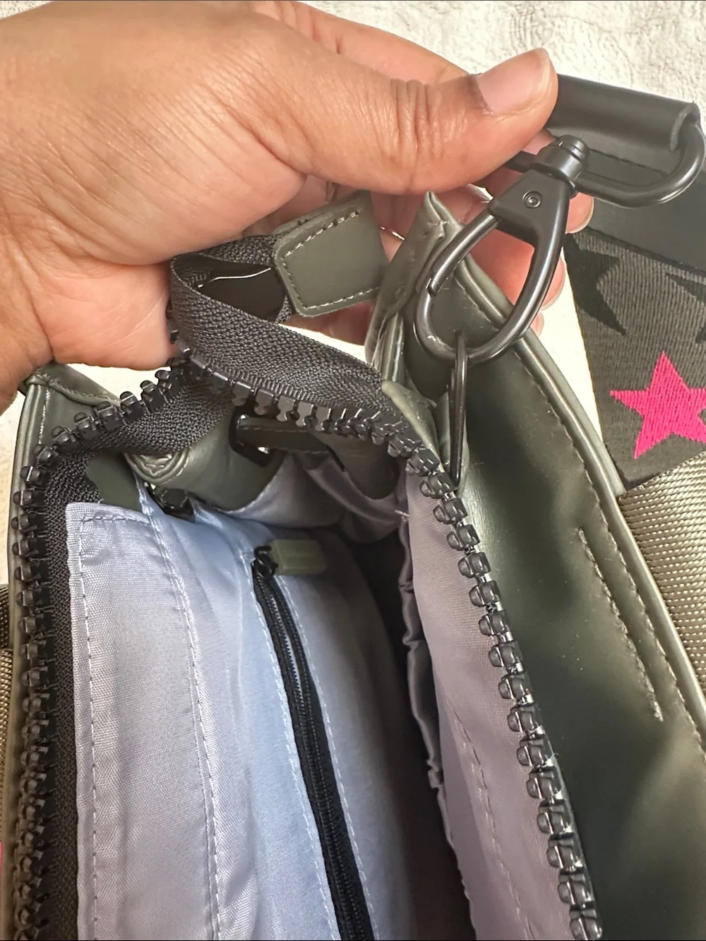 Olive Green Quilted Shoulder Bag with Pink Accent Strap